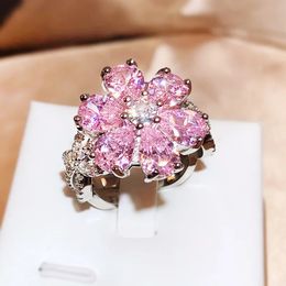 Exquistie Pink Flower Rings for Women 925 Silver Sparkling Cubic Zirconia Wedding Band Rings Trendy Jewellery Accessories 240109