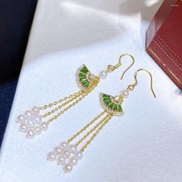 Dangle Earrings Tassel Fan Natural Freshwater Pearl Waterfall Zircon Sparkle Embellished Sterling Silver Earhook Jewellery