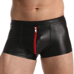 Sexy Men Boxer Shorts and Underpants Bulge Underwear Slip Faux Leather Open Front Gay Panties Zipper Low Waist Male Men's Boxers 240109