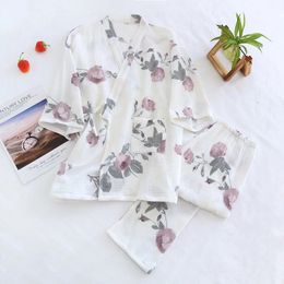 Fresh flower 100% double gauze wrinkly cotton kimono robes women Japanese sweet pajamas sets casual sleepwear bathrobes suits 240110