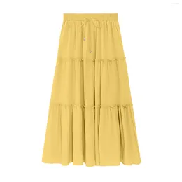 Skirts Women Flowy A Line Yellow Summer Beach Elastic Tiered Pleated Drawstring Maxi Skirt Ruffle Soft Gift High Waist Casual