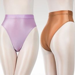 Separates New Sexy women Shiny Bikini Bottoms with Buttocks Silky Bikini High Waist Tights Underpants Oily Briefs Large Size men underwear