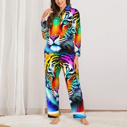 Women's Sleepwear Caspian Tiger Pajama Set Colorful Rainbow Kawaii Women Long Sleeve Aesthetic Leisure 2 Pieces Nightwear Big Size 2XL