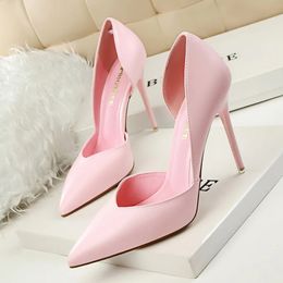Summer Women 10cm High Heels Leather Stripper Pumps Lady Escarpins Elegant Sweet Yellow Pink Shoes Office Stiletto 240110