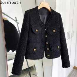 Temperament Jackets Korean Women Clothing Long Sleeve Vneck Tunic Crop Tops Ropa Mujer Fashion Vintage Tweed Black Coat 240109