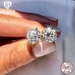 Stud BISAER 925 Sterling Silver Stud Earrings Simple Moissanite Sparkle Plated Platinum Ear For Women Party Wedding Fine Jewelry YQ240110