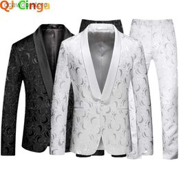 Men's Suits Blazers White Rose Pattern Two-piece Suit for Men's Wedding Business Dress Coat and Trousers Fashion Slim Fit Terno Masculino M-5XL 6XL T240110