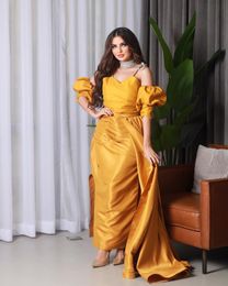 Classic Long Yellow Evening Dresses Off the Shoulder Satin Short Sleeves Mermaid Ankle Length Formal Occasion Dress