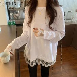 Women's T Shirts TEROKINIZO Lace Patchwork White Shirt Women O Neck Long Sleeve Casual Tshirts Female All-match Basic Tops Femme Camisetas