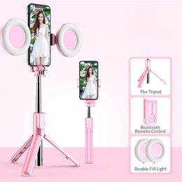 Monopods 4in1 Wireless bluetooth compatible Selfie Stick LED Ring light Extendable Handheld Monopod Live Tripod for iPhone X 8 Android