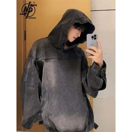 Japanese Denim Hooded Jacket Men Women Loose Casual Vintage Sweatshirt Coat High Street Washed Denim Pullover Varsity Autumn 240110