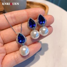 Sets Charms 12mm Fresh Water Pearl Emerald Sapphire Pendant Necklace Earrings for Women Wedding Party Jewellery Set Accessories Gifts