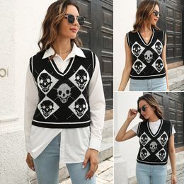 Halloween skull jacquard diamond Cheque vest for women autumn-winter vest sweater 240109