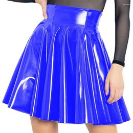 Skirts Gothic Women Wetlook PVC Mini Skirt Sexy Girl Faux Latex Back Zipper High Waist Flared Circle A-line Skater Club Party 7XL