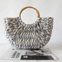 Totes 2023 Summer New Bamboo Handle Blue White Grass Woven Bag Round Dou Beach Handheld Women's Shoulder bagstylisheendibags