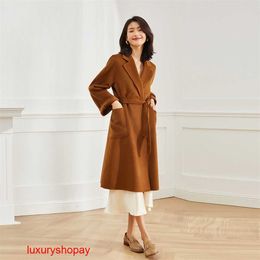 Maxmaras Women's Wrap Coat Camel Hair Coats Shenghong Yanxuan 23 Autumn and Winter New M's Double Face Water Wave Pattern Woollen Coat Women's Edition 7202a RJLL