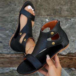 Sandals Women Dressy Summer Hollow Toe Open Back Zipper Flat For Border Large Retro Cool Slippers Platform