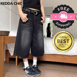 REDDACHiC Original Retro Y2k Baggy Jorts Women Men Low Waist Cropped Black Jeans Acubi Distressed Frayed Denim Casual Wide Pants 240110