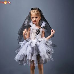 Halloween Zombie Bride Girls Tutu Dress with Veil Glitter Sparkle Tulle Kids Corpse Ghost Costume for Purim Carnival Party Dress 240109