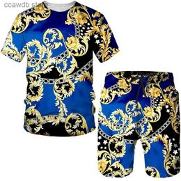 Men's Tracksuits New Summer Luxury Golden Chain 3D Print Men's Set Fashion Hawaiian Couple Outfit Casual Men Women Streetwear T-Shirt/Shorts/Suit T240110