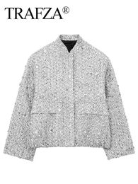 TRAFZA Spring Women Elegant Silver Sequins Jacket Single Breasted Long Sleeve Coat With Fake Pocket Vintage Y2k Streetwear 240110