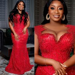 Red Aso Ebi Prom Dresses Sheer Neck Mermaid Pearls Beading Luxurious Evening Dresses for African Black Women Birthday Party Dress Second Reception Gowns NL464
