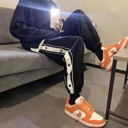 Pants Streetwear Joggers Pants Men Casual Sport Sweatpants Black Grey Side Button Loose Wide Leg Pants Ankle Length Trousers