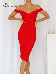 Casual Dresses Dressmecb Solid Off Shoulder Midi Dress Women Clothing Cut Out Backless Sexy Club Party Sheath Ruched Summer Vestidos