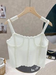 Women's Tanks White Spicy Girl Pearl Spliced Tank Tops 2024 Summer Sexy Fashion Women Bra Top Female Knitting Off Shoulder Camis Y474