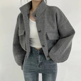 Deeptown Vintage Short Tweed Jacket Women Chic and Elegant Korean Fashion Cropped Casual Grey Jackets Streetwear Oversized Tops 240109