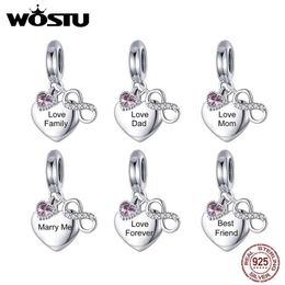 Beads WOSTU Silver 925 Engraved Lettering Dangle Charm Personalized Name Pet Zircon Heart Beads Fit Original Bracelet Jewelry C1922