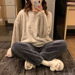 Winter Fleece Women Pyjamas Set Sleepwear Solid Velvet 2 Piece Pant Home Suit Fluffy Casual Warm Flannel Night Wear 240109