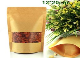 Whole 300Pcs Lot 12x20cm Smooth Kraft Paper Bag With Matte Clear Window Zipper Food Storage Packaging Bag Stand Up Pouch Doyp8644327