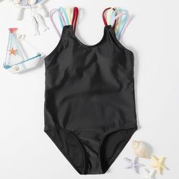 set New Summer Wading Sports Swimming Hot Spring Children's Swimsuit Solid Colour Black Colourful Sling Onepiece Bikini Swimsuit