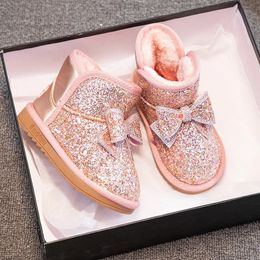 Girls Snow Boots Cute Bow Rhinestones Casual Winter Warm Kids Fashion Booties Princess Japanese Style Versatile Boots 240108