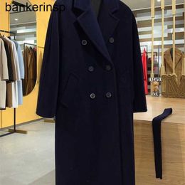 Luxury Coat Maxmaras 101801 Pure Wool Coat Classic Navy Double breasted Cashmere Coat for Men and Women's High end Long OutwearE5GD