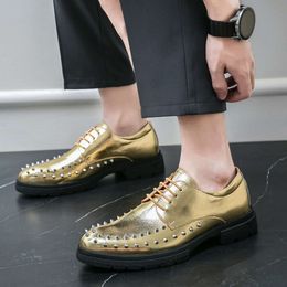 Gold Rivet Dress Fashion Pointed Toe Social Men's Party Lace-up Casual Leather Formal Shoes for Men