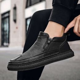 Autumn Black Men's Ankle Fashion Zip High Top Casual Leather Shoes Men Outdoor Comfortable Slip-on Male Retro Boots