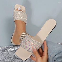 Slippers Luxury Crystal Women Summer Square Toe Beach Shoes 2024 Fashion Flats Flip Flops Casual Sandals Slides Femme Zapatos