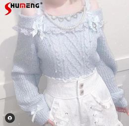 Women&#039;s Sweaters Japanese Style Cute Bead Necklace Hanging Sling Knitwear 2024 Winter Sweet Girl&#039;s Off-shoulder Lace Suspender Sweater