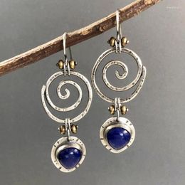 Dangle Earrings Vintage Round Hollow Spiral Blue Stone Earring For Women Tribal Jewellery Metal Silver Colour Whirl Ethnic Boho