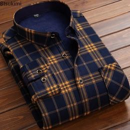 2023 Men's Winter Warm Long Sleeve Plaid Shirts Flannel Fur Lined Thick Formal Fleece Casual Shirt for Men Dress 240109