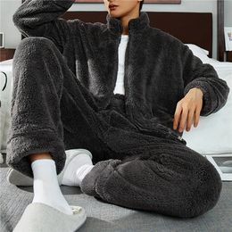 Men's Warm Pyjama Sets Autumn Winter Thick 2 Piece Set Flannel Sleepwear Zipper Longsleeved Trousers Homewear Home Clot 240109