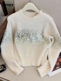Women's Sweaters Circyy Knitted Pullovers Women O Neck Long Sleeve Sequins Solid Tops Loose Casual Vintage Designer Warm Soft Jumpers