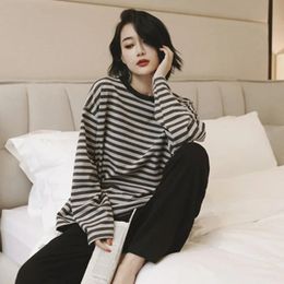 Striped Women Pajamas Set Combed Cotton Pyjama Sweatsuits Pijama Female Loungewear Homewear Sleepwear LongSleeve Top Pants Suit 240110