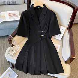 Basic Casual Dresses Plus size Size 150Kg Women's Bust 147 Summer Loose Notched Short Sleeved Suit Pleated Dress Black Large 4XL 5XL 6XL 7XL 8XL 9XL YQ240110