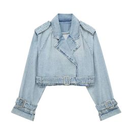 Cropped Denim Jacket Women Chic Lady High Street Frayed Blue Jacket Coat Top Female 240124