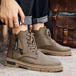 Retro Brown Leather for Men Street Fashion Zipper Men's Ankle Autumn Comfortable High Top Motorcycle Boots Man