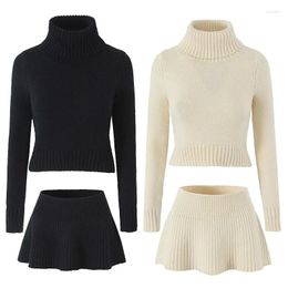 Work Dresses Women Set With A Small Fragrant Style Slimming Temperament Slim Fit Solid Colour High Neck Sweater Half Skirt Knitted Two-piece