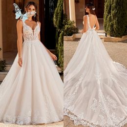 Backless Floral Wedding Dresses Exquisite A-Line V Neck Bridal Applique Tulle Brides Gowns For Women Plus Size YD 328 328